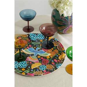 Plateau de service rond en métal émaillé de luxe, imprimé floral et oiseaux, décoratif, fait main, avec base en bois de manguier, pour la décoration de la maison et des hôtels - Product Image 5