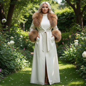 Manteau long vintage en cuir de poisson avec ceinture, fourrure de renard marron, vente en gros, sur mesure, trench-coat coupe-vent pour femme avec doublure en soie - Product Image 3