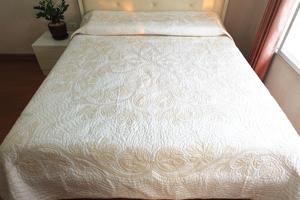 <b>Neutral</b> White Beige Hawaiian Applique Quilt Bedspread Hand Stitched Cotton Bed Cover Custom Coastal Heirloom <b>Bedding</b> For Beds - Product Image 1