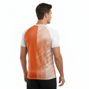T-shirt pour homme à manches raglan à imprimé géométrique orange, coupe ajustée, sportif, col rond, manches courtes, en polyester tricoté, séchage rapide - Product Image 4