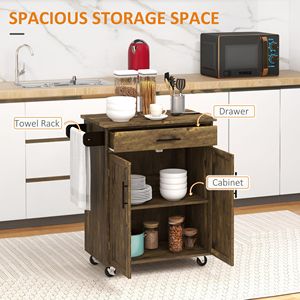 Carrello da Cucina Moderno Rustico Marrone con Ruote, Cassetti, Armadietto Portaoggetti, Portasciugamani, in Metallo, Plastica e Pannelli in MDF Ecologici - Product Image 4