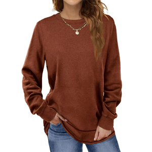 Suéter de Punto para Mujer, Manga Larga, Cuello Redondo, Color Sólido, Corte Holgado, Informal, de Algodón Marrón, para Uso Diario - Product Image 4