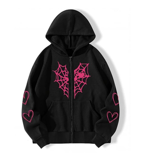 Vintage Washed Fleece Gothic Zip-Up Hoodie <b>Black</b> Unisex Oversized Knitted Cotton Winter <b>Sweatshirt</b> - Product Image 6