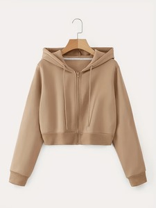 Sudadera Corta de Color Liso al por Mayor para Mujer, Sudadera con Capucha Fina de Punto de Algodón y Fibra de Bambú para Otoño - Product Image 1