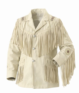 Trendy Wholesale <b>Men's</b> Cream <b>Suede</b> Fringe Western Cowboy <b>Jacket</b> Native Beaded Ranch Wear Custom Logo Available - Product Image 1