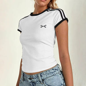 Camisetas Cortas Personalizadas para Mujer, Estilo Y2K, Lindas, con Lazo Bordado, Estilo Coquette, Estética Clean Girl, Camisetas de Punto - Product Image 2