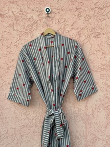 Cotton Kimono <b>Robe</b> Striped Heart Print Loungewear Summer Spring Long Sleeve V-neck Boho <b>Beach</b> Gown - Product Image 1