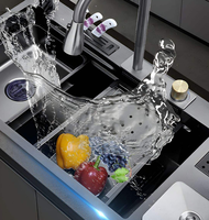 Évier de cuisine multifonction cascade en acier inoxydable intelligent noir avec affichage numérique LED, cuve unique, fait main, à encastrer sous plan