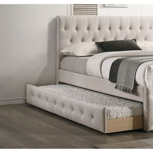 Letto singolo contemporaneo imbottito in tela marrone chiaro con letto estraibile, doghe e testiera e pediera trapuntate, mobili per camera da letto per ragazzi - Product Image 3