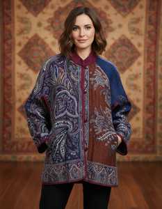 Pure <b>Wool</b> Bohemian Mandarin Collar Paisley Long Casual Winter <b>Capes</b> with Soft Jamawar Woven Fabric and Button Closure - Product Image 5