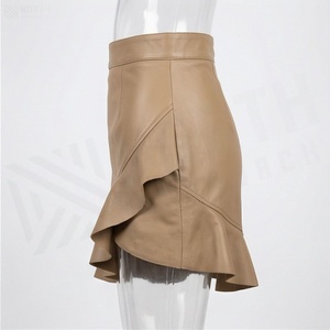 Women High Waist Faux Leather Mini Skirt <b>Asymmetrical</b> Ruffles Solid Color Shiny Design All Seasons Style - Product Image 3