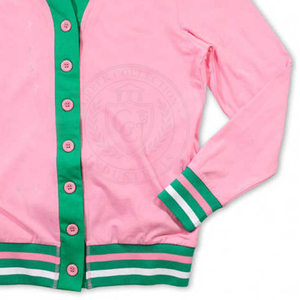 Cardigan en tricot contrastant rose et vert Sorority Alpha K Alpha, col en V, broderie de lettres grecques, pour femmes, 100% coton, vêtements d'hiver - Product Image 3