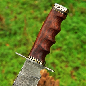 Cuchillo de caza de hoja fija de acero de Damasco forjado a mano, punta caída, mango de cuero, 0.5mm de grosor, afilado como una navaja, hoja recta - Product Image 4