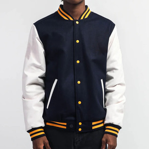 Veste universitaire marine et blanche pour homme avec bordure orange, col rabattu, style preppy, vêtement d'automne - Product Image 3