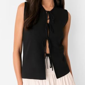 Gilet en tricot sans manches pour femme, col en V, couleur unie, fermeture à lacets, style minimaliste, 100% acrylique, tricot côtelé, à porter toute l'année - Product Image 2