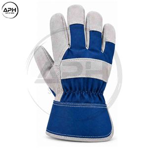 Gants de travail personnalisés en daim gris et bleu roi avec paume renforcée, poignet élastique et longue manchette en toile - Product Image 4