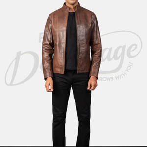 Veste de motard en cuir véritable marron de qualité supérieure pour hommes, coupe ajustée, col montant, fermeture éclair classique, manteau décontracté pour moto et streetwear - Product Image 4