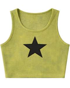 Custom Women Ribbed Crop Tank Top & Drawstring Shorts Set Olive <b>Green</b> With Black Star Casual Lounge Two Piece Outfit Wholesale - Product Image 2