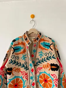 Luxury Champagne <b>Velvet</b> Floral Embroidered Suzani <b>Jacket</b> Full Sleeve Stand Collar Bohemian <b>Women's</b> Spring Outerwear - Product Image 4