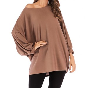 Camiseta de punto de manga larga con hombros descubiertos para mujer, talla grande, color liso, ajuste holgado, transpirable, cuello redondo, para todas las estaciones, al por mayor - Product Image 6