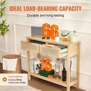 Natural Rattan <b>Console</b> <b>Table</b> with 2 <b>Storage</b> Drawers Sliding Door Entryway Sofa <b>Table</b> Liv Home Decor - Product Image 4