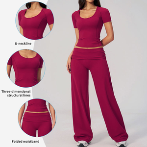 Ensemble de sport OEM en gros pour femmes : T-shirt de gym brossé à manches courtes et taille haute, et pantalon de survêtement ajusté pour l'entraînement en extérieur - Product Image 3