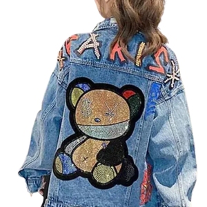 2024 Hotsale New Spring Animal Print Washed Denim <b>Jacket</b> <b>Rhinestone</b> Pearls Beading Blue Plus Size Women's Loose Long Sleeve - Product Image 3