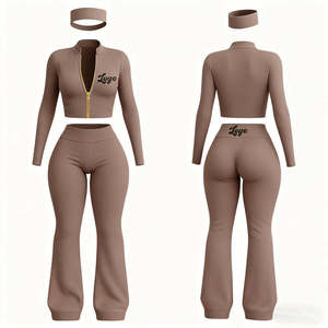 Custom Logo Plus Size Women's Winter Tracksuit Set Mock Neck Full <b>Zip</b> <b>Up</b> Fitted <b>Crop</b> Jacket Bootcut Flare Pants 2 Piece Slim Fit - Product Image 5