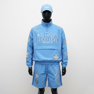 Ensemble court coupe-vent léger pour homme en nylon et polyester, tissu tissé lisse, bleu ciel, logo personnalisé par transfert thermique, grandes tailles - Product Image 5