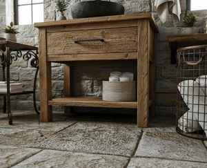 Meuble de salle de bain rustique en bois massif avec vasque simple, rangement sur comptoir et étagère ouverte pour la maison - Product Image 3