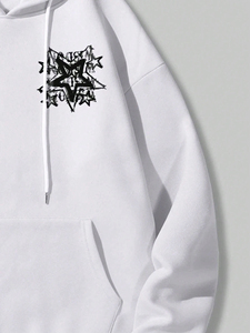 <b>Men's</b> <b>White</b> Hooded <b>Sweatshirt</b> Oversized Cotton French Terry Print Logo Front Pocket Casual Autumn Breathable Regular Fit - Product Image 4