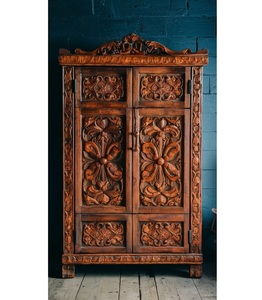 Luxury Handcrafted Solid Wood 2 Door <b>Wardrobe</b> Ornate Botanical Carving Antique Honey Oak Armoire - Product Image 1
