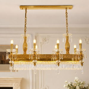 Lámpara de Araña de Cristal Dorado de Lujo con Detalles de Gemas Azules, Lámpara Colgante Rectangular para Decoración de Interiores de Villas y Hoteles - Product Image 1