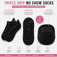 Chaussettes invisibles antidérapantes à triple grip avec logo personnalisé, pour Pilates et Yoga, avec languette de talon en silicone, pour usage quotidien décontracté, vente en gros pour studios