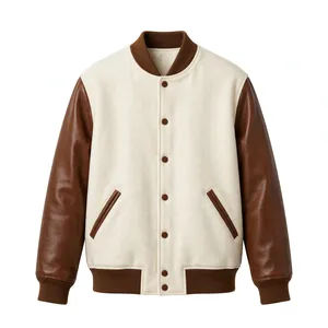 Men's Color Block Varsity <b>Jacket</b> Wool Body Genuine Leather Sleeves Stand Collar Button Winter Coat - Product Image 3
