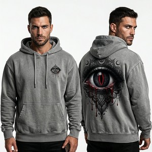 Sweat à capuche personnalisé pour homme en coton épais, délavé à l'acide, style streetwear, avec imprimé graphique œil et patch brodé, OEM - Product Image 1