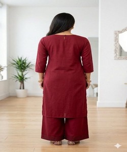 Ensemble Kurta et pantalon en coton slub brodé, style traditionnel moderne, pour femme, tenue de fête estivale, style Inde Pakistan, AARVI- 85441 - Product Image 2