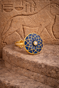 Women Gold Plated <b>Adjustable</b> <b>Ring</b> with Blue Enamel Geometric Web Pattern Fashion Jewelry Gift Wedding Wear - Product Image 4
