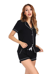 Conjunto de pijama de manga corta de color liso para mujer, con cuello abotonado y pantalones cortos con cordón, ropa informal de verano de algodón transpirable - Product Image 3