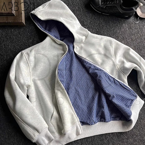 Sudadera con capucha y cremallera a cuadros, reversible, holgada, con estampado gráfico, color gris, nueva llegada 2026, servicio OEM ODM - Product Image 3