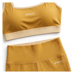 Conjunto de Yoga para Mujer Amkoor de 2 Piezas: Sujetador Deportivo con Espalda Cruzada y Cuello Redondo, Leggings de Cintura Alta y Largo Completo, Color Mostaza Sólido, Transpirable, Spandex - Product Image 6