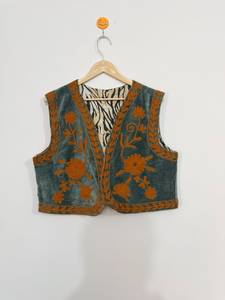 Velvet Suzani Embroidery Lightweight Floral Streetwear Vest <b>Coat</b> <b>Women</b> Handmade Boho Ethnic Crew Neck <b>Sleeveless</b> Short Jacket - Product Image 1