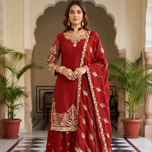 Ensemble Kurti en soie Chinon pour femmes, avec broderie Zari et palazzo, accompagné d'un dupatta - Product Image 1