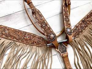 2026 High Quality Brown Western Breastplate Fringe New Arrival Horse Tack Set Leather <b>Equestrian</b> Headstall Breast Collar - Product Image 2