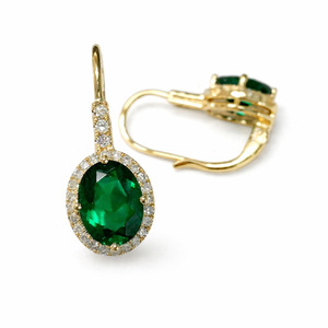 Pendientes de Aro con Halo de Diamantes Naturales y Esmeralda Verde de Corte Ovalado de 3.50 Ct, con Cierre de Palanca, en Oro de 14K, Pendientes de Piedras Preciosas - Product Image 2