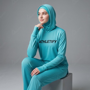 Women's Athletic Hoodjab Secure Hijab Hood Stretch Thumbhole Cuffs Active Stretch Training Pullover Customizable for Bulk Orders - Product Image 1