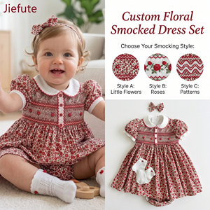 Ensemble robe florale pour petite fille Jiefute, faite main avec smocks, col Peter Pan vintage, tenue de boutique avec bandeau assorti - Product Image 1