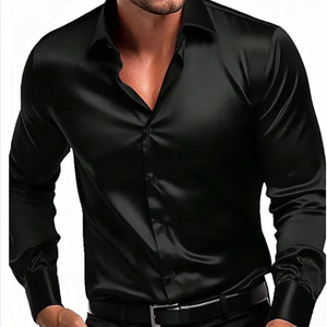 Chemise habillée en satin noir uni de qualité supérieure pour homme, à manches longues, coupe ajustée, infroissable, en soie tissée, avec boutons - Product Image 1
