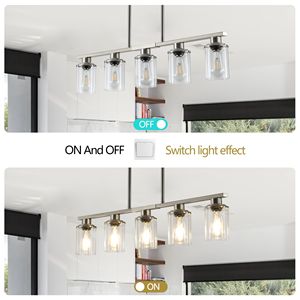 Lampadario a sospensione contemporaneo da 37 pollici per isola cucina, 5 luci, nichel spazzolato, paralumi in vetro trasparente, per sala da pranzo e stile rustico - Product Image 4