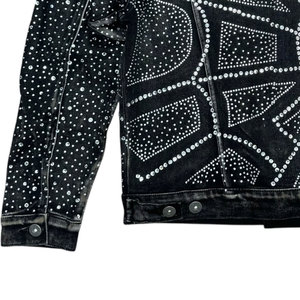 Blouson en jean noir pour homme avec broderie géométrique à sequins, col rabattu, style streetwear, coupe droite, sweat à capuche orné de strass pour l'automne - Product Image 5